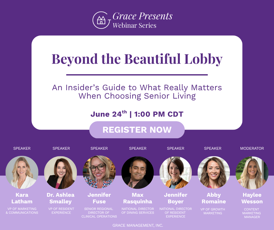 Promotional banner for Grace Presents Webinar Series: 'Beyond the Beautiful Lobby' with date June 24 at 1:00 PM CDT and a 'Register Now' button. Spitz speakers listed below: Kara Latham, Dr. Ashlea Smallley, Jennifer Fuse, Max Rasquinha, Jennifer Bover, Abby Romaine, Haylee Wesson, with Moderator slot shown.
